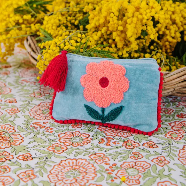 Pink & Aqua Velvet Single Flower Pouch