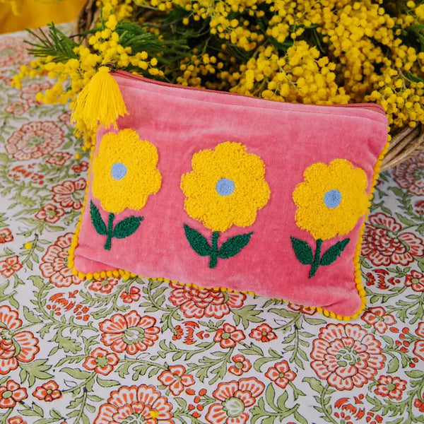 Pink & Yellow Velvet Triple Flower Pouch