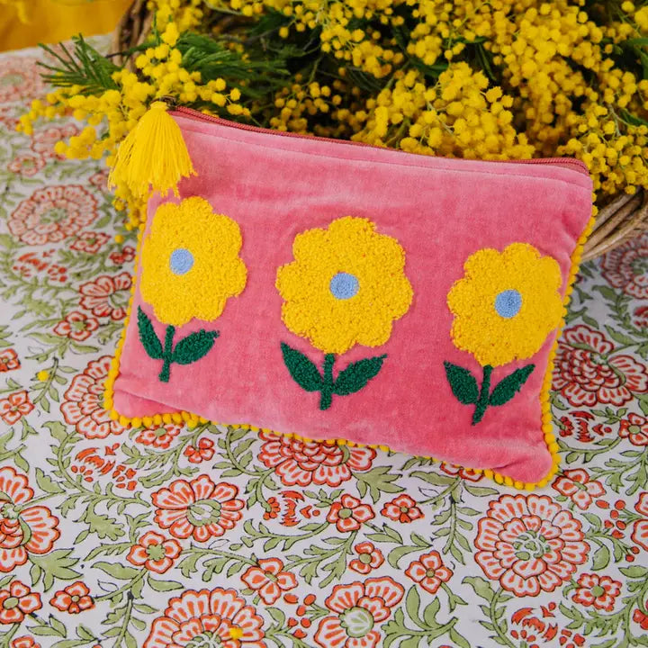 Pink & Yellow Velvet Triple Flower Pouch