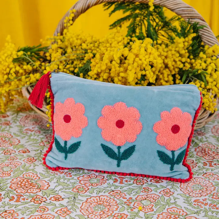 Pink & Aqua Velvet Triple Flower Pouch