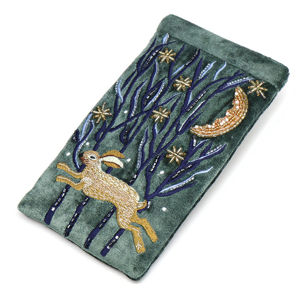 81708 Midnight Green Hare Embroidered Glasses Purse By Pom