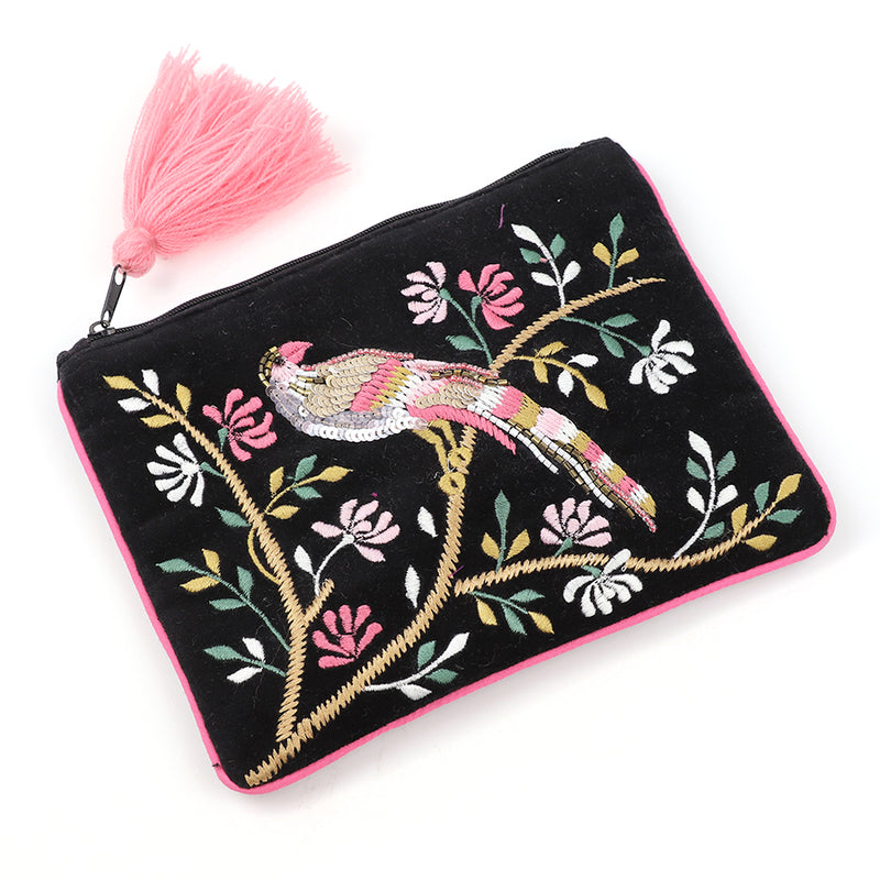 81738 Black Tropical Bird Flat Velvet Purse By Pom