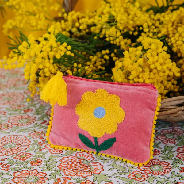 Pink & Yellow Velvet Single Flower Pouch