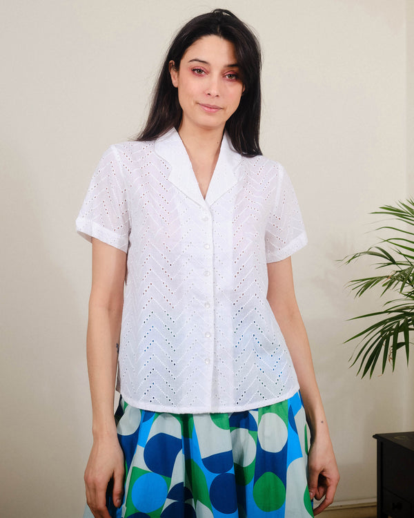 Ellen Top in White Schiffley Print