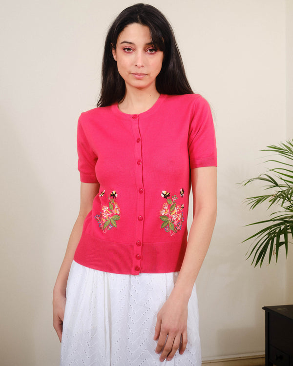 Emb Bees S/S Cardigan in Hibiscus