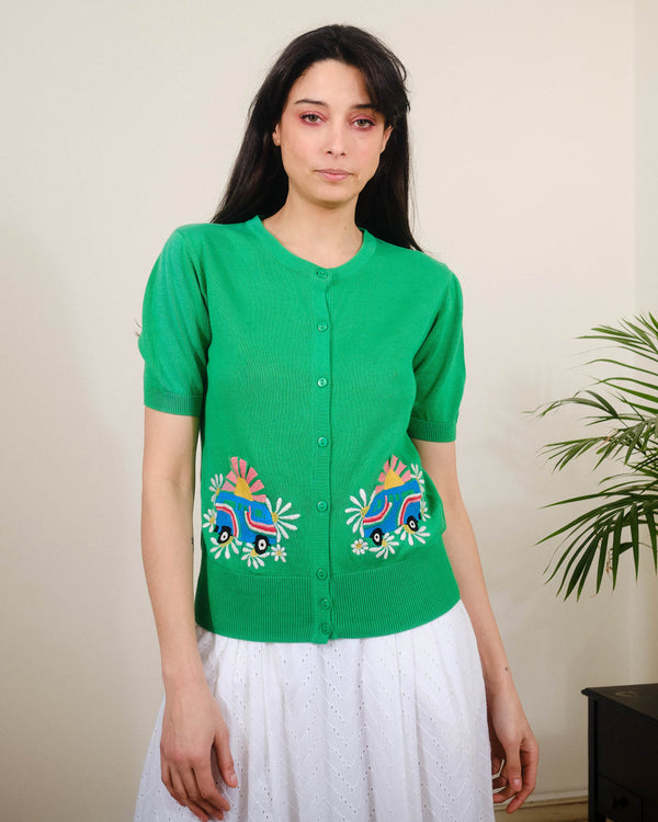 Emb Sunrise S/S Cardigan in Fern Green
