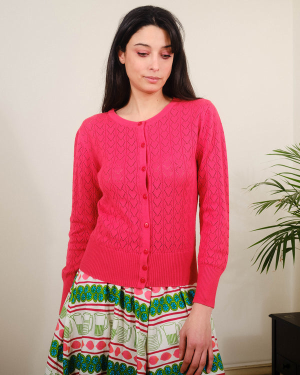 Heart Pointelle Cardigan in Hibiscus