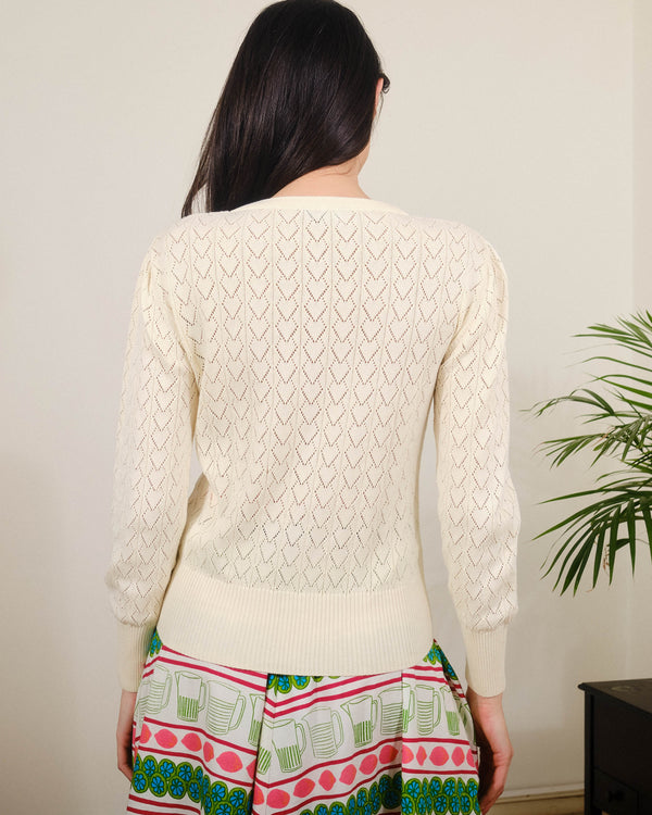 Heart Pointelle Cardigan in Pristine White