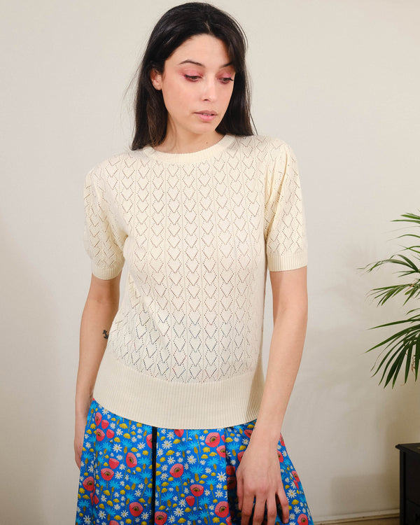 Heart Pointelle S/S in Pristine White