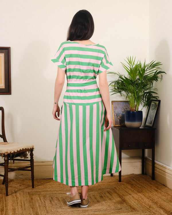 Luna Dress in Green / Pink Stripes Print