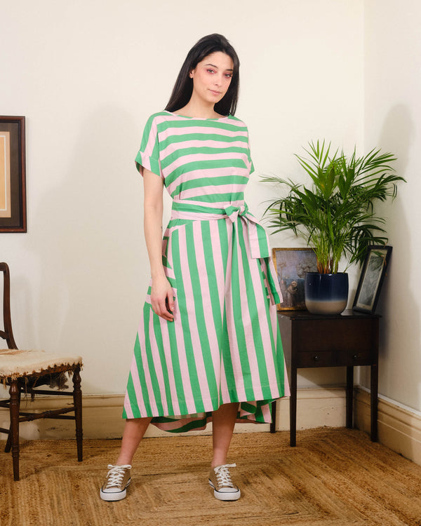 Luna Dress in Green / Pink Stripes Print