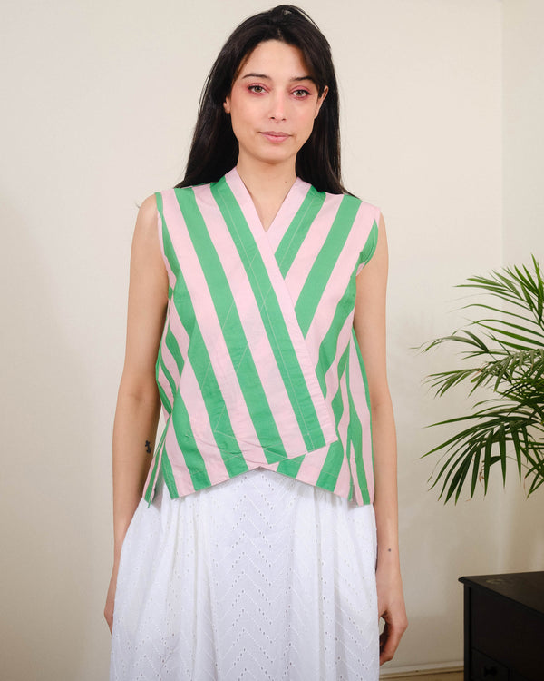 Nikki Top in Green / Pink Stripes Print