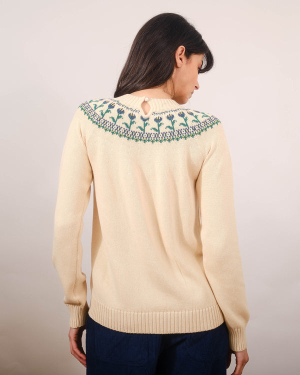 Santiago Button Neck Tulips Sweater in Ivory