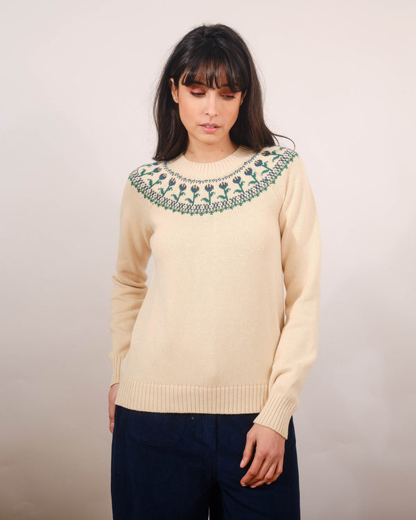 Santiago Button Neck Tulips Sweater in Ivory