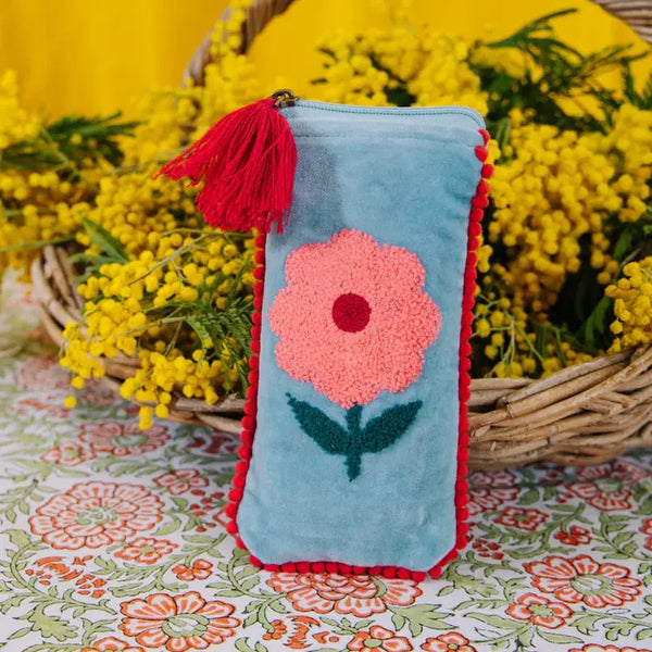 Aqua & Pink Velvet Single Flower Glasses Pouch