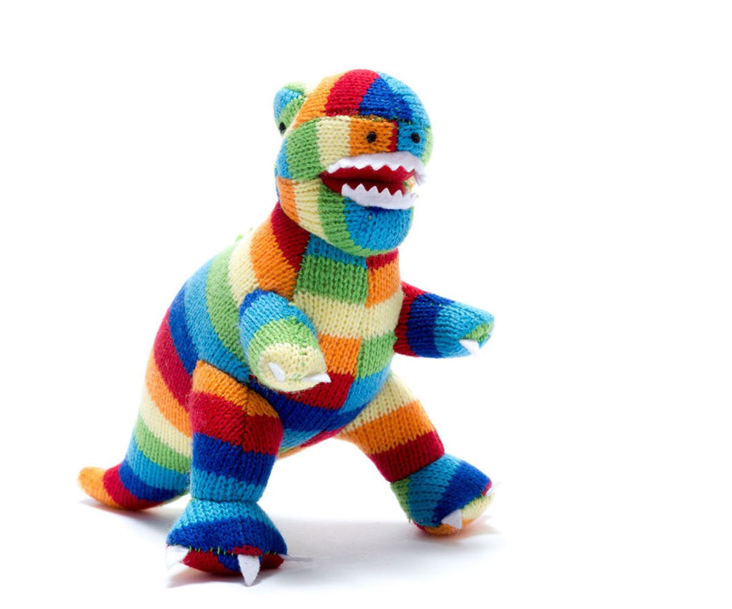 Knitted T-Rex Dinosaur Baby Rattle in Bold Stripe BY4053 By Best