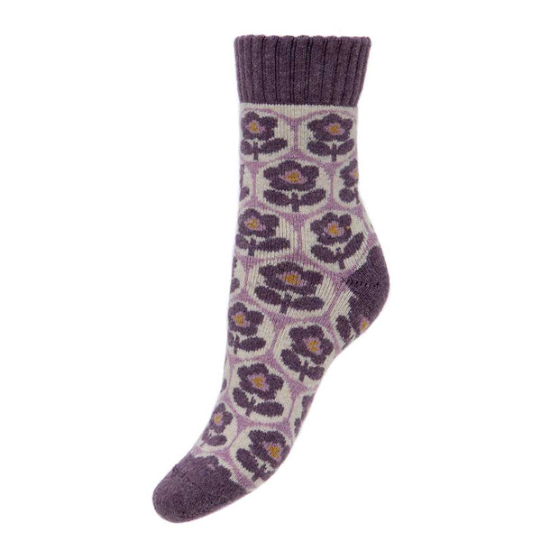 WS455 Purple/Flowers Wool Blend Socks (UK4-7)