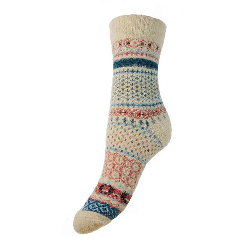 WS542 Cream Blue & Salmon Wool Blend Socks (UK4-7)