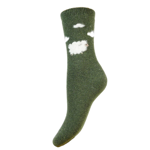WS561 Green Fluffy Sheep Wool Blend Socks (UK4-7)