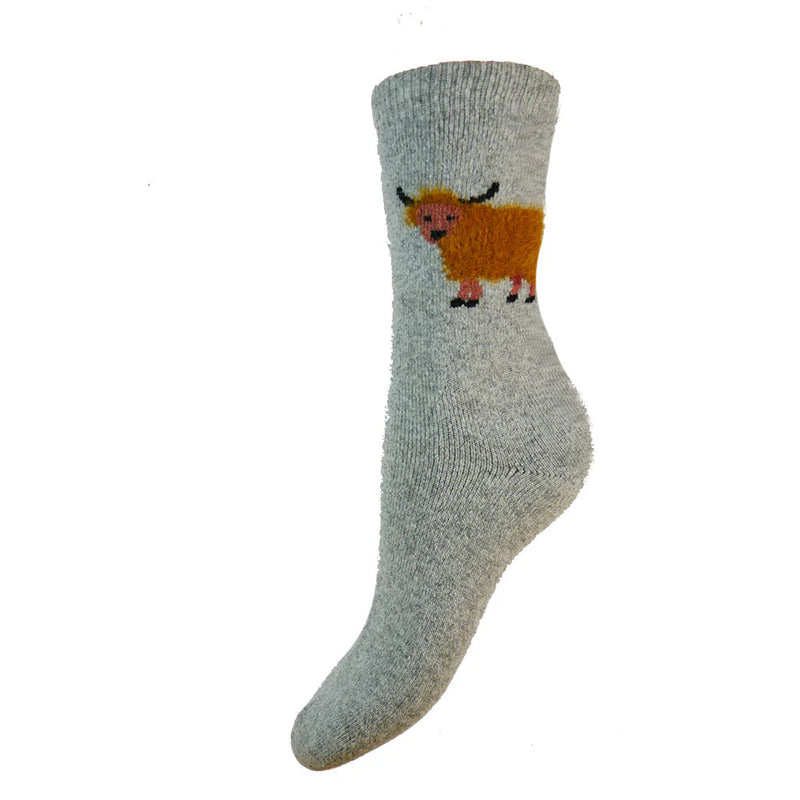 WS579 Grey Highland Cow Wool Blend Socks (UK4-7)