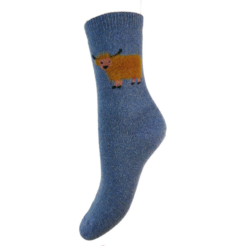 WS581 Dark Blue Highland Cow Wool Blend Socks (UK4-7)