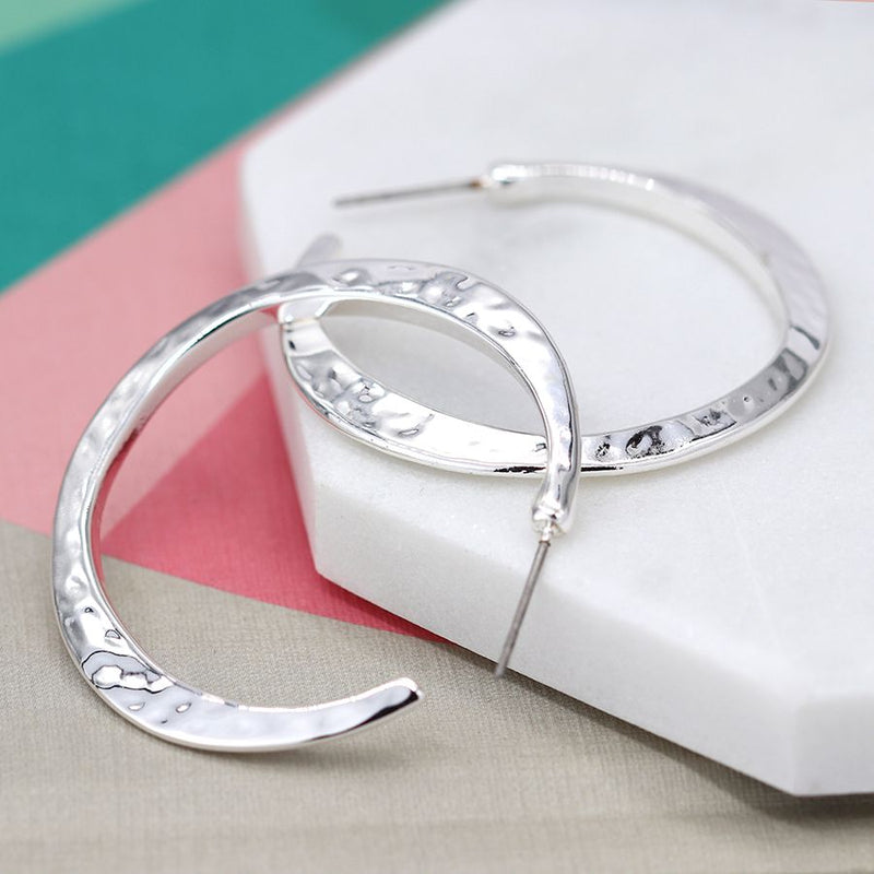 03276 Silver Plated Irregular Hammered Open Hoop Earrings By Pom