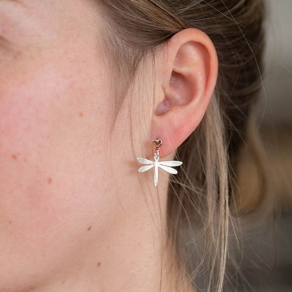 03378 Silver and Rose Gold Plated Heart Dragonfly Drop Earrings By Pom