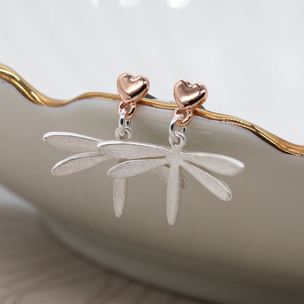 03378 Silver and Rose Gold Plated Heart Dragonfly Drop Earrings By Pom