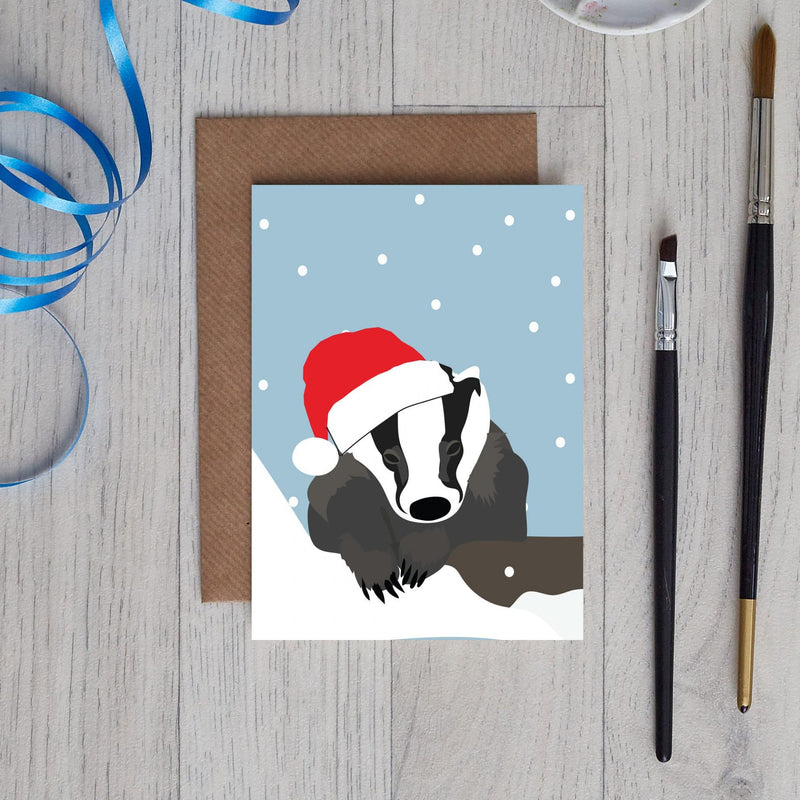 Xmas Greetings Card Badger By Lorna Syson